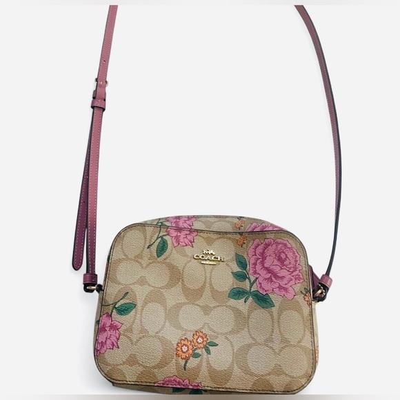 Coach Canvas/Leather Crossbody Bag With Floral Print Including Long Strap